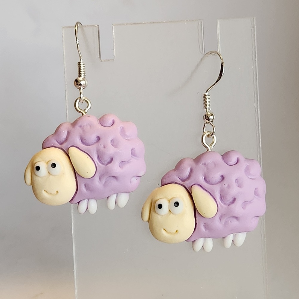 Handmade Purple Sheep Drop Earrings Whimsical Clay Animal Jewelry‎